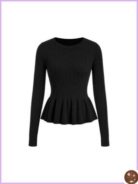 Ribbed Knit Sweater Ruffle Flared Hem Long Sleeve Crew Neck Elegant Top